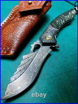 Clip Point Folding Knife Pocket Hunting Survival Camping Damascus Steel Leather