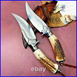 Clip Point Folding Knife Pocket Hunting Survival Damascus Steel Antlers Handle S