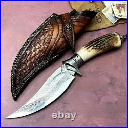 Clip Point Folding Knife Pocket Hunting Survival Damascus Steel Antlers Handle S