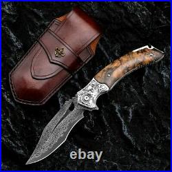 Clip Point Folding Knife Pocket Hunting Survival Wild Damascus Steel Wood Handle
