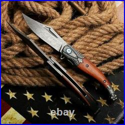 Clip Point Folding Knife Pocket Hunting Wild Survival Damascus Steel Wood Handle