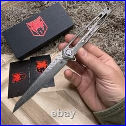 CobraTec Ghost Frame Lock Knife Damascus Wharncliffe, Titanium & Glass Breaker