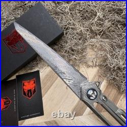 CobraTec Ghost Frame Lock Knife Damascus Wharncliffe, Titanium & Glass Breaker