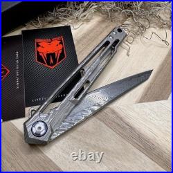 CobraTec Ghost Frame Lock Knife Damascus Wharncliffe, Titanium & Glass Breaker