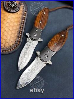 Collectible Vg10 Damascus Flipper Folding Knife Dagger Survival Leather Sheath