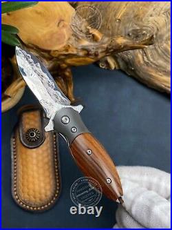 Collectible Vg10 Damascus Flipper Folding Knife Dagger Survival Leather Sheath
