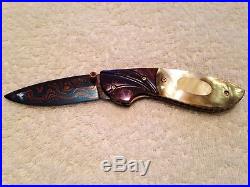 Color Damascus Custom Handmade Folding Knife Mother of Pearl Titanium