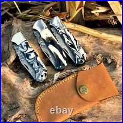 Combo 3 Custom Hand Forged Damascus Steel Hunting Mini Folding Pocket knife EDC