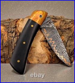 Copper Damascus Folding Knife Mokume Gane Handmade Leather Case