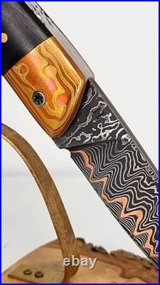 Copper Damascus Folding Knife Mokume Gane Handmade Leather Case