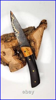 Copper Damascus Folding Knife Mokume Gane Handmade Leather Case