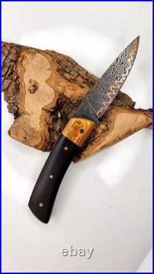 Copper Damascus Folding Knife Mokume Gane Handmade Leather Case