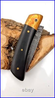 Copper Damascus Folding Knife Mokume Gane Handmade Leather Case