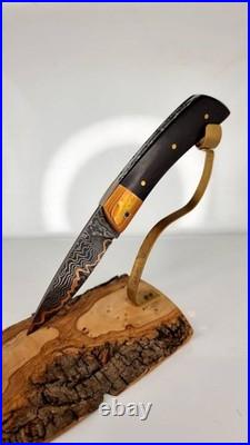 Copper Damascus Folding Knife Mokume Gane Handmade Leather Case