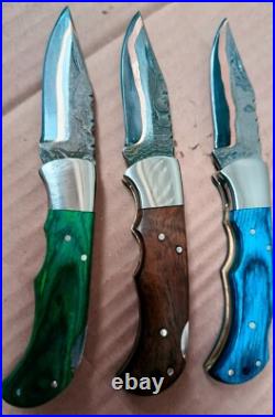 Copper damascus Cowboy Pocket folding Knife with leather covers