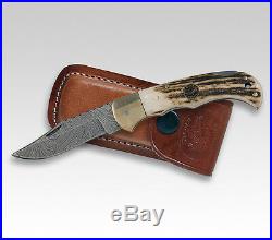 Croco Handmade 200 Layers Damascus Lock Back Folding Knife 3.82 / Stag New