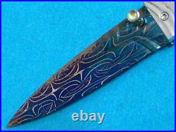 Custom Art Damascus Black Pearl Lockback Folding Dagger Stiletto Knife Knives Ec
