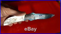 Custom Bill Coffey folding knife mother of pearl gem stones damascus