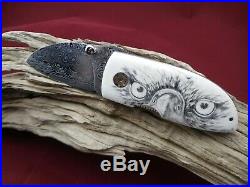 Custom Birds Of Prey (eagle) Scrimshaw Devin Thomas Damascus Folding Knife