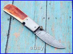 Custom Bob Levine Stag Hand Made Forged Damascus Folding Pocket Knife Knives