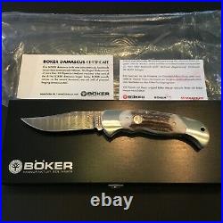 Custom Boker Damascus Stag Folder Folding Knife