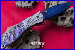 Custom Compact Folding Handmade Knife Colour Damascus Blade Abalone Pearl
