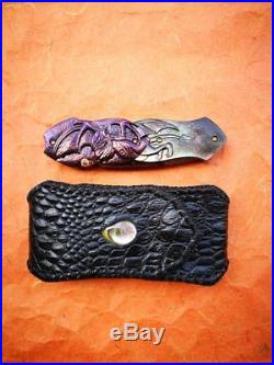 Custom Damascus Folding Knife Carved Devil Handles MOP Hand Made Halloween Knife