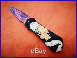 Custom Damascus Folding Knife Carved Dragon Handles Best Collection Knife