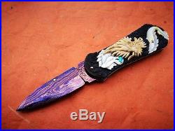 Custom Damascus Folding Knife Carved Dragon Handles Best Collection Knife
