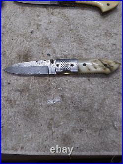 Custom Damascus Folding Knife Lot 5 Different WithSheaths #2