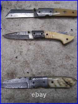 Custom Damascus Folding Knife Lot 5 Different WithSheaths #2