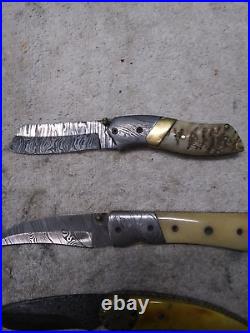 Custom Damascus Folding Knife Lot 5 Different WithSheaths #3