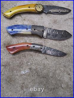 Custom Damascus Folding Knife Lot 5 Different WithSheaths #3