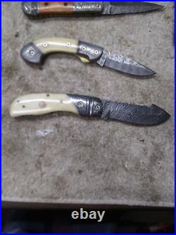Custom Damascus Folding Knife Lot 5 Different WithSheaths #4