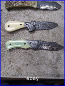 Custom Damascus Folding Knife Lot 5 Different WithSheaths #5