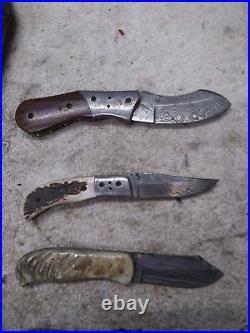 Custom Damascus Folding Knife Lot 5 Different WithSheaths #5