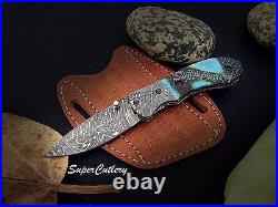 Custom Damascus Steel Pocket Folding Knife- Engraved Flamed Bone Liner Lock