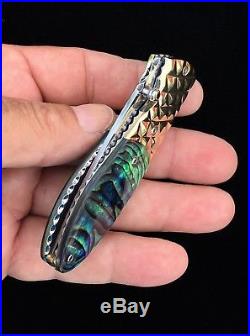 Custom Exotic Damascus Pocket Knife With Paua Abalone Handles Diamond Cut Brass