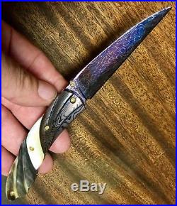 Custom Exotic Folding Knife Colored Mosaic Damascus Blade And Gold & Black Pearl