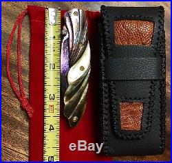 Custom Exotic Folding Knife Colored Mosaic Damascus Blade And Gold & Black Pearl