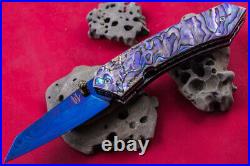 Custom Folding Handmade Knife Colour Damascus Blade Abalone Pearl Handle