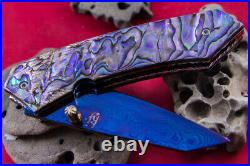 Custom Folding Handmade Knife Colour Damascus Blade Abalone Pearl Handle
