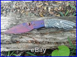 Custom Folding Knife Alabama Damascus steel Black fossil coral Gold Plate 24K