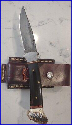 Custom Folding Knife By Antonio, Damascus, Buffalo Horn, Crown Stag, File Worked