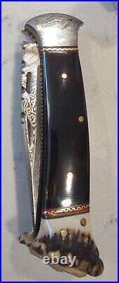 Custom Folding Knife By Antonio, Damascus, Buffalo Horn, Crown Stag, File Worked