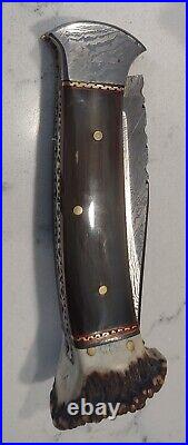 Custom Folding Knife By Antonio, Damascus, Buffalo Horn, Crown Stag, File Worked