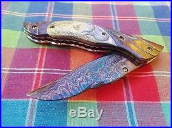 Custom Folding Knife Color Damascus Steel engrave Abalone pearl Arts Handmade