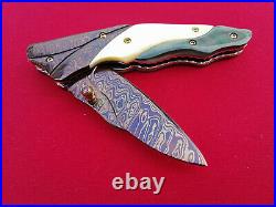Custom Folding Knife Color Damascus Steel engrave Arts Green & Yellow pearl D-09