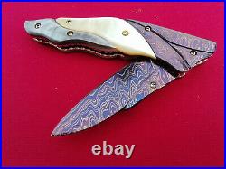 Custom Folding Knife Color Damascus Steel engrave Arts Green & Yellow pearl D-09