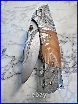 Custom Folding Knife Damascus Steel Carved Horn Art Craft Rare S. Jangtanong S-12
